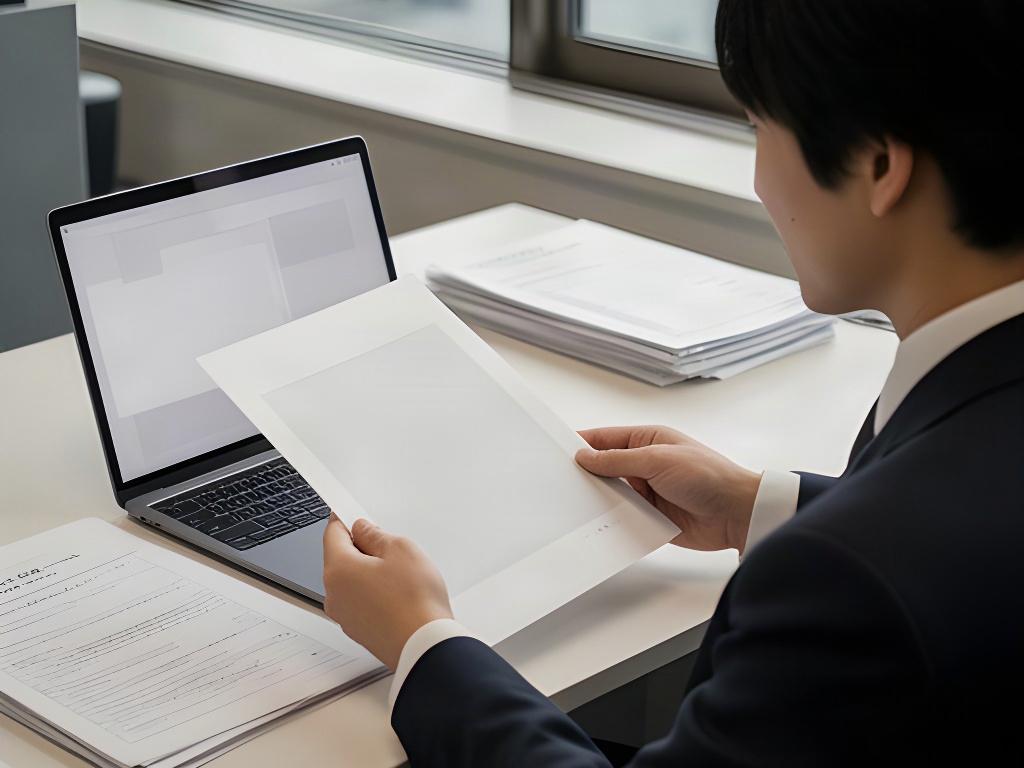 担当者が画面の候補と原本資料を照合する様子